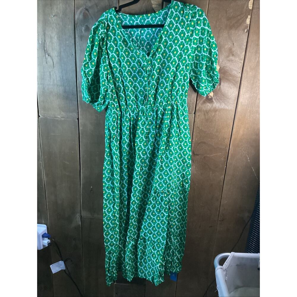 Cupshe Boho Floral Notched Neck Puff Sleeve Midi Dress, Green, Large - Picture 3 of 5